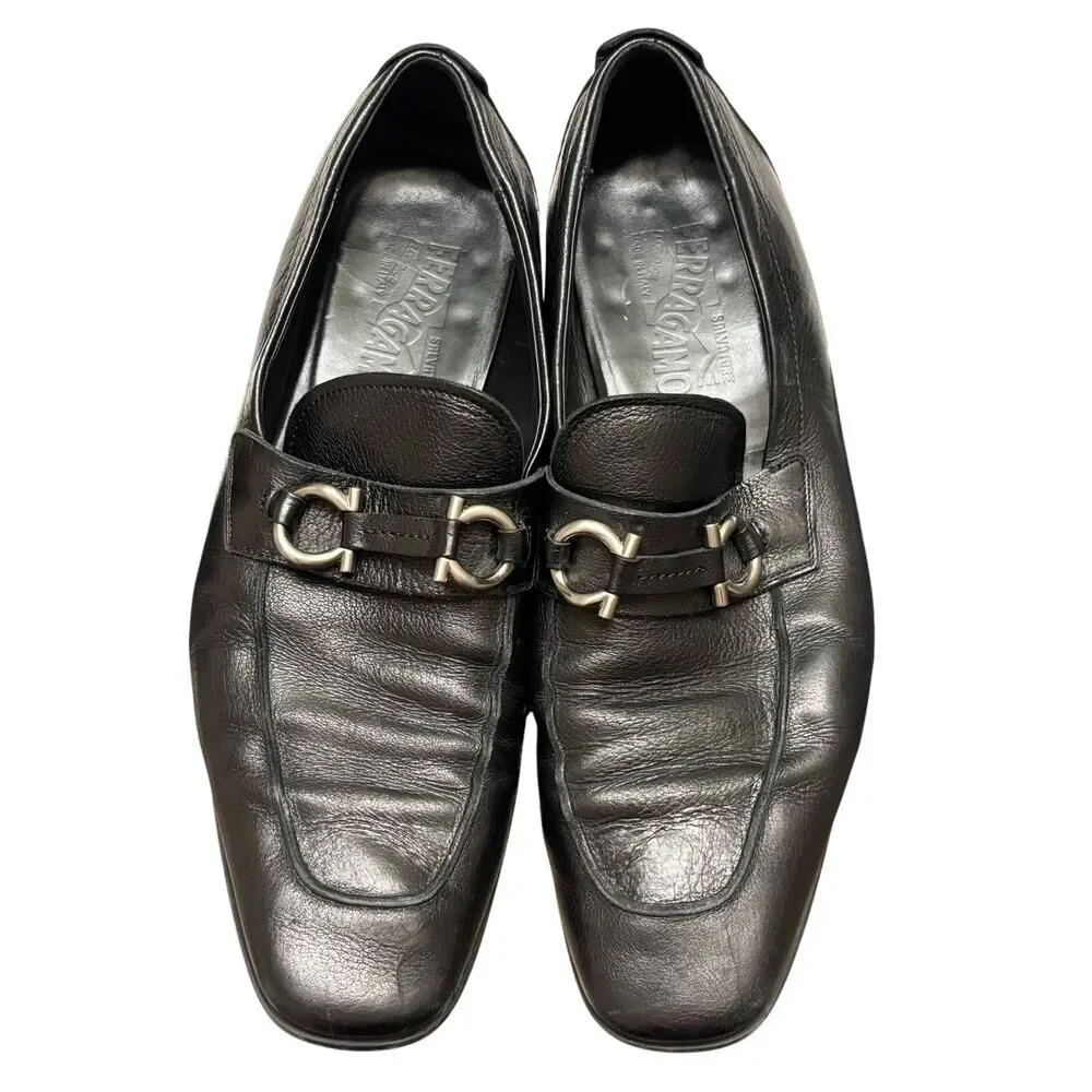 Salvatore Ferragamo loafers featuring silver Gancini bit hardware, men’s size 9
